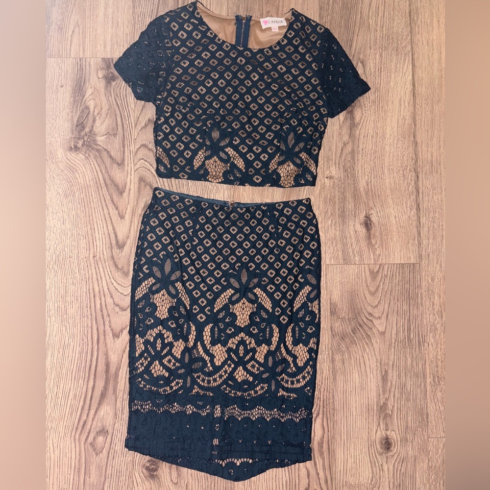 Navy and tan elegant 2 piece set for a evening out